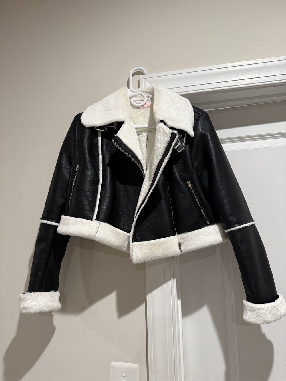 Pink Lily Black Faux Leather Moto Jacket with White Shearling